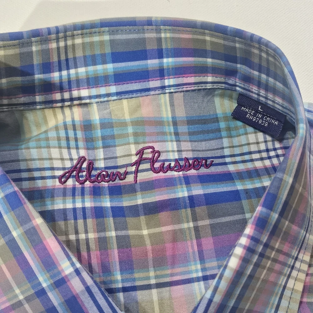 Alan‎ Flusser Button Down Shirt Mens Large Blue Green Pink Plaid Business Casual